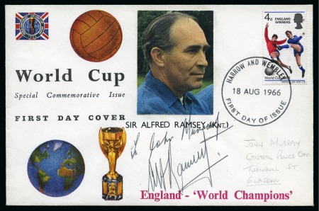Stamp of Thematics » Sport and Games » Football 1966 WORLD CUP: Group of modified illustrated official FDCs signed by Alf Ramsey, Bobby Moore, etc.