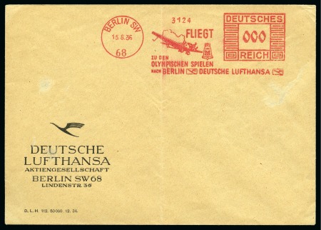 Stamp of Olympics » 1936 Berlin » Special Postmarks 1936 (Aug 15) Berlin SW “Fliegt zu den Olympischen Spielen nach Berlin - Deutsche Lufthansa" slogan machine frank