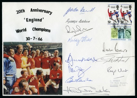 Stamp of Thematics » Sport and Games » Football 1966 WORLD CUP: Home made "20th Anniversary" cover signed by the England team incl. Bobby Moore