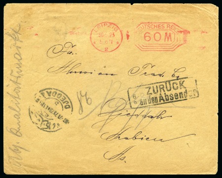 Stamp of Saudi Arabia » Incoming Mail  1923 Incoming from and Returned to Germany: Commercial cover from Leipzig (30.6) via Port Taufiq (17.7) to Jeddah 