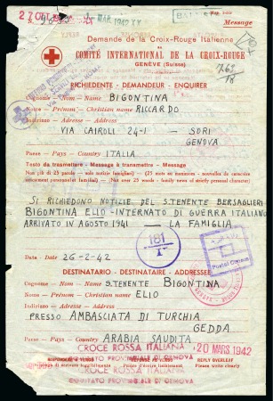 Stamp of Saudi Arabia » 1934 Kingdom Issues to date 1942, Red Cross mail from Jeddah. Italian Red Cross enquiry form sent to an Italian internee in Saudi Arabia