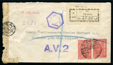 Stamp of Saudi Arabia » 1934 Kingdom Issues to date 1944-45 "A.V.2" markings. Registered cover from Jeddah