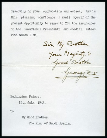 Stamp of Saudi Arabia » 1934 Kingdom Issues to date 1947 Typed letter with the original envelope from His Majesty King George VI to His Majesty the King of Saudi Arabia