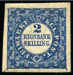 Stamp of Denmark » 2 Rigsbank Skilling 2Rbs Blue, Thiele Printing, plate II, N°18, type 4,