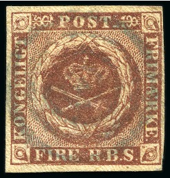 Stamp of Denmark » 4 Rigsbank Skilling FIRE Rbs, Ferslew printing, plate II, N°26, centrally