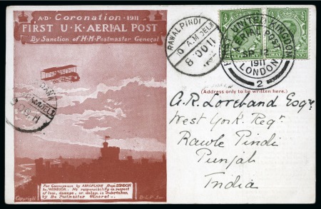 Stamp of India » Airmails 1911 First U.K.Aerial Post card with KGV 1/2d (2) tied by FIRST UNITED KINGDOM / AERIAL POST / LONDON/ SP 12 / 1911 / 2 cds 