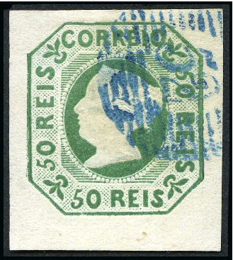 Stamp of Portugal 1853 50r green good to huge margins cancelled barred