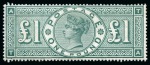 Stamp of Great Britain » 1855-1900 Surface Printed 1891 £1 Green pl.2 TA mint og showing frame break at lower left variety