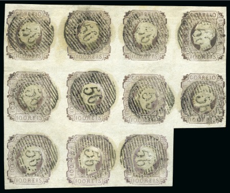 Stamp of Portugal 1862-64 100r lilac in block of 11 cancelled barred
