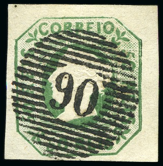 Stamp of Portugal 1853 50r green cancelled barred numeral '90', good