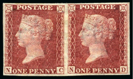 Stamp of Great Britain » 1854-70 Perforated Line Engraved 1865 1d Carmine-Rose "Royal Reprint" pl.66 NC-ND imperf. pair