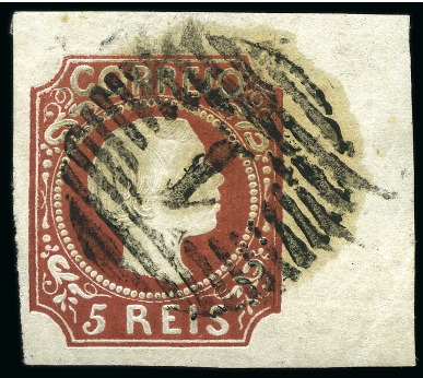 Stamp of Portugal 1855-56 5r Type IV right hand marginal cancelled barred