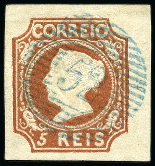 Stamp of Portugal 1853 5r brown cancelled barred numeral '52' in blue,