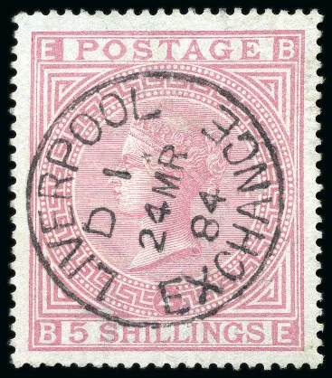 Stamp of Great Britain » 1855-1900 Surface Printed » 1867-83 High Values 1867-83 Wmk Anchor 5s rose pl.4 on blued paper with crisp and central Liverpool Exchange cds