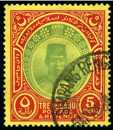 Stamp of Malaysia » Malaysian States » Trengganu 1921-41 Wmk Script CA $5 green & red on yellow with cancel
