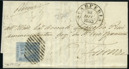 Stamp of Italian States » Tuscany 1851-52, 2 cr. azzurro chiaro su grigio, su lettera da Scarperia per Firenze del 23 dicembre 1853, con il rarissimo annullo muto ad undici sbarre inclinate 