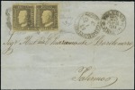 Stamp of Italian States » Sicily 1859, 1 gr. bruno olivastro, I tavola, II stato, coppia proveniente dalle posizioni 67 (ritoccato) e 68, margini stupendi, usata su lettera