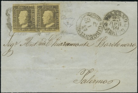 Stamp of Italian States » Sicily 1859, 1 gr. bruno olivastro, I tavola, II stato, coppia proveniente dalle posizioni 67 (ritoccato) e 68, margini stupendi, usata su lettera