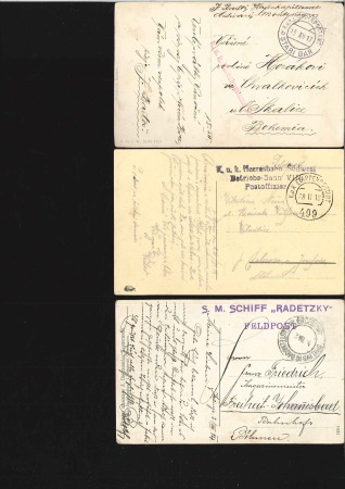 Stamp of Austria » Ship Mail 1914-18, Lot of 3 Fieldpost or Navy cards: 1914 S.