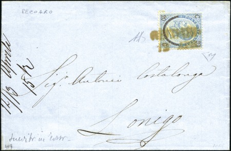 Stamp of Italy 1865 20c on 15c Blue tied by red "Austrian"-type R
