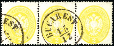 Stamp of Romania » Austrian Levant Post Offices 1863 2s Yellow, perf. 14, strip of three neatly ca