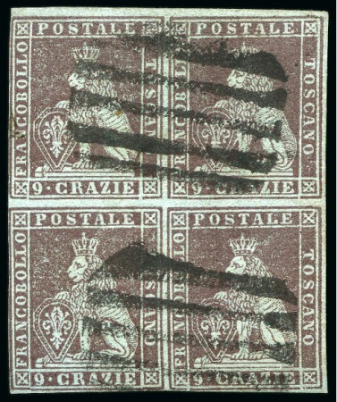 Stamp of Italian States » Tuscany 1851-52 9cr Brown-lilac on grey, block of four use