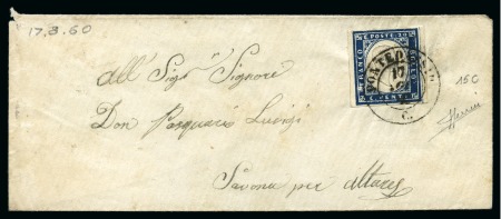 Stamp of Italian States » Sardinia 1855-63 20c Dark blue tied by scarce PONTEDASSIO/C