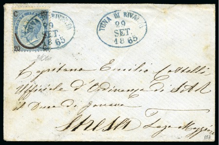 Stamp of Italy 1865 20C on 15C Blue, type I, tied by very rare TU
