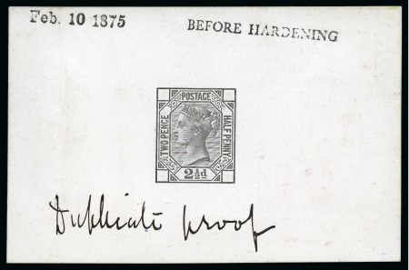 Stamp of Great Britain » 1855-1900 Surface Printed 1875 2 1/2d De La Rue die proof in black on glossy card, with "Feb.10 1875" and "BEFORE HARDENING" hs