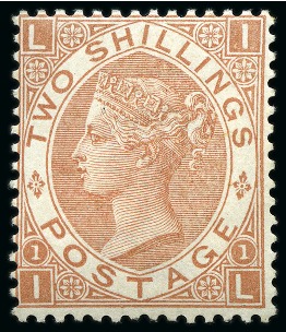 Stamp of Great Britain » 1855-1900 Surface Printed » 1867-80 Large Uncoloured Corner Letters, Wmk Spray of Rose 1880 2s Brown pl.1. mint og, a very fine and fresh example of this very rare adhesive