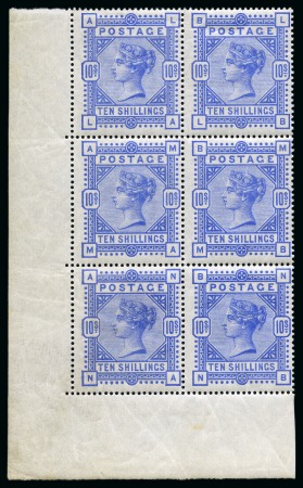 Stamp of Great Britain » 1855-1900 Surface Printed » 1883-84 & 1888 High Values 1884 10s Ultramarine mint nh lower left corner marginal block of six