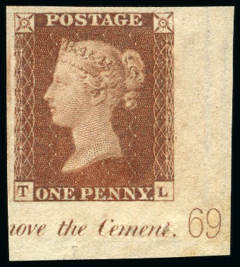 Stamp of Great Britain » 1841 1d Red 1841 1d Red Brown pl.69 TL imprimatur from the lower right corner of the sheet with plate number and part marginal inscription