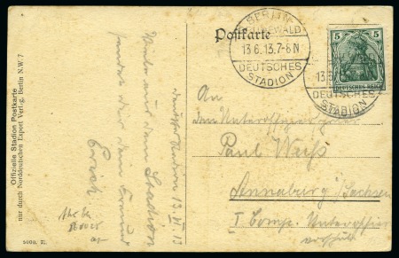 Stamp of Olympics » 1916 Berlin 1916 (Jun 13) Stadium picture postcard with 5pf tied by  "BERLIN / GRUNEWALD / DEUTSCHES / STADION" 13.6.13 7-8 N cds