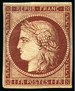 Stamp of France 1849 Cérès 1F CARMIN-BRUN, neuf avec gomme d'origine,