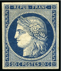 Stamp of France NON EMIS 1849 Cérès 20c bleu foncé, neuf avec gomme