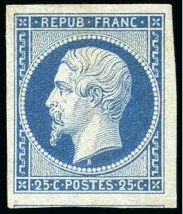 Stamp of France 1852 25c Présidence, neuf sans gomme, TB, signé Scheller,