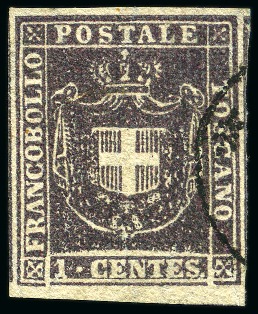 Stamp of Italian States » Tuscany 1860 1c Violet brown, huge margins including bottom