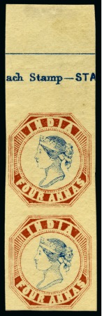 Stamp of India 1894 4a Blue and Red reprint with head die III and frame die II, marginal vertical pair