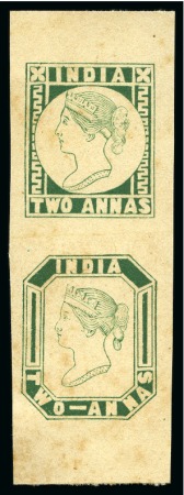 Stamp of India 1854 2a Green trial lithograph vertical pair showing two designs