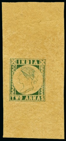 Stamp of India 1890 2a Sage Green proof on yellowish pelure paper