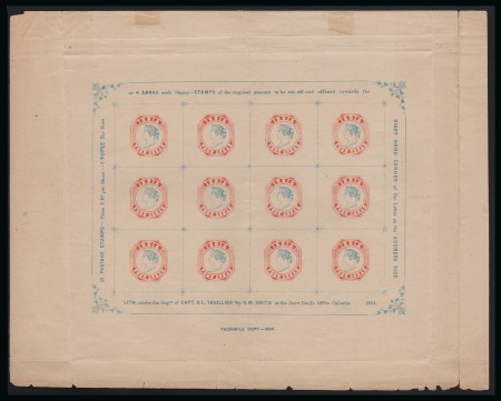 Stamp of India 1894 4a Vermilion and Pale Blue reprint in complete sheet of 12 with essay head