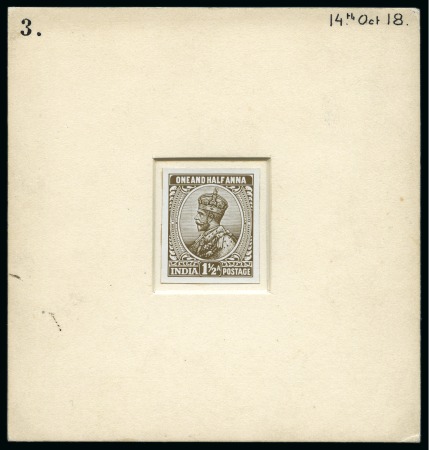 Stamp of India 1918 1 1/2a Essay in sepia, stamp size and mounted in sunken card frame