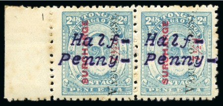 Stamp of Tonga 1896 Half- Penny- on 7 1/2d on 2 1/2d mint left marginal pair