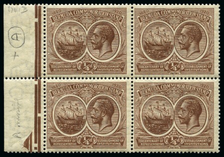 Stamp of Bermuda 1920-21 1/4d Brown mint left marginal block with margin showing variety watermark variety missing "A" of "CA"