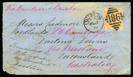 Stamp of Ireland » GB Used In Ireland 1879 (Jan 2) Envelope from Dublin to Queensland, Australia, with 1873-80 8d orange