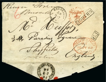 Stamp of Belgium » Belgique. Histoire Postale 1862 (Jul 10) Envelope front with "BELGIUM / VIA / FRANCE / (CROWN) / REGISTERED" hs