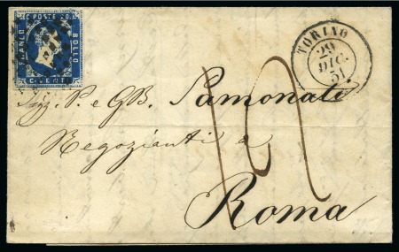 Stamp of Italian States » Sardinia 1851, 20 c. azzurro, molto bel esemplare su lettera del 29 dicembre da Torino per Roma, tassata in arrivo con 12 bajocchi, rara combinazione di affrancatura e destinazione prima della convenzione postale austro-pontifici