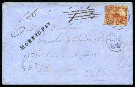 Stamp of Canada 1858 (Sep 1) Envelope from Simcoe to England with 1852-57 3d Beaver underpaid