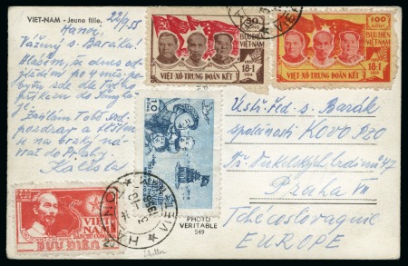 Stamp of Vietnam 1955 (Oct 3) Picture postcard sent to Czechoslovakia with extremely rare 1954 "20" on 200d