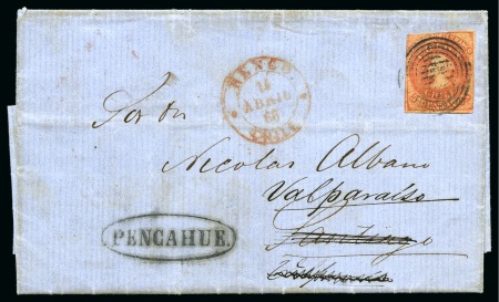 Stamp of Chile 1866 (Jan & Apr) Pair of covers with "PENCAHUE" oval hs in red and black respectively